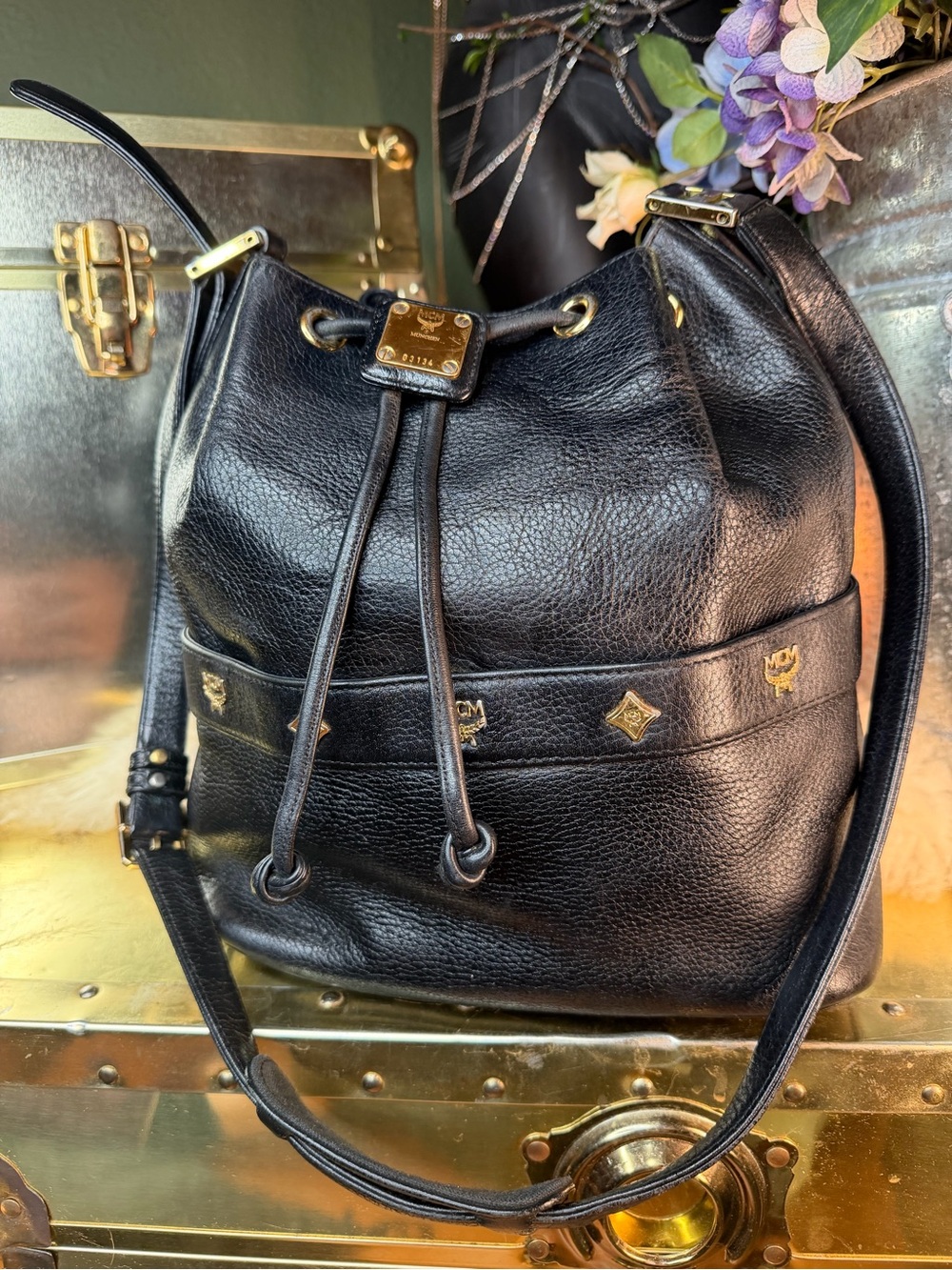 Vintage MCM Black Leather Drawstring Bucket Hobo Bag